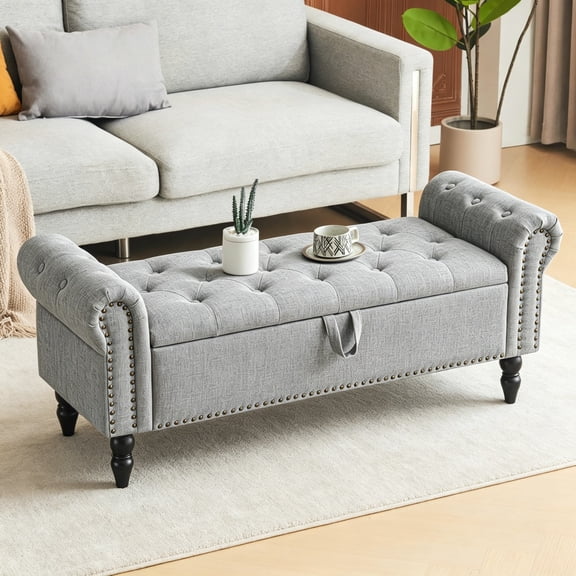 51 Bedroom Bench, End of Bed Bench with Button-Tufted, Large Upholstered Storage Bench Ottoman, Linen Window Bench with Storage Shoe Cabinet for Bedroom, Entryway, Closet, Grey