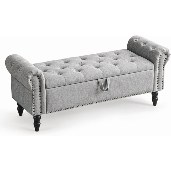 51 Bedroom Bench, End of Bed Bench with Button-Tufted Large Upholstered Storage Bench Ottoman Linen Window Benches with Storage Shoe Cabinet, for Bedroom, Entryway, Closet, Grey