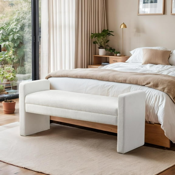 51" Bedroom Bench, End of Bed Bench, Fabric Ottoman Bench, Entryway Bench, Comfy Modern Bench, Bed Benches for Foot of Bed, Upholstered Bench with Solid Wood Frame for Living Room (Ivory)