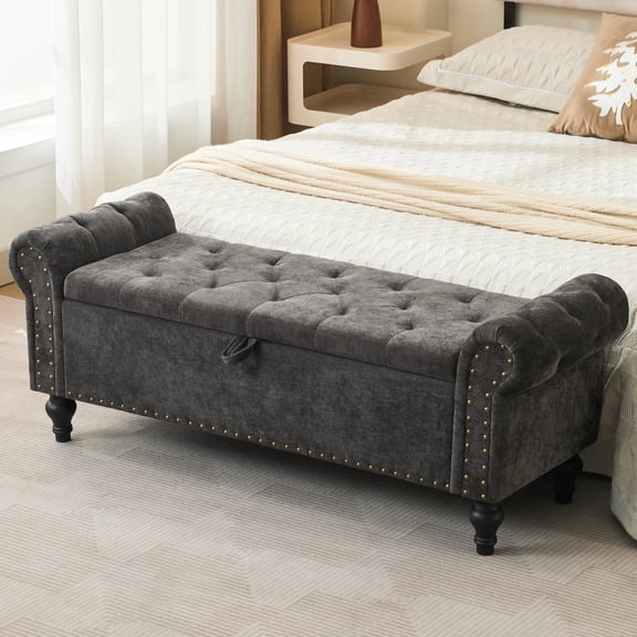Weture 51-Inch Chenille Upholstered Storage Ottoman with Rolled Arm and Nailhead Trim, Dark Gray