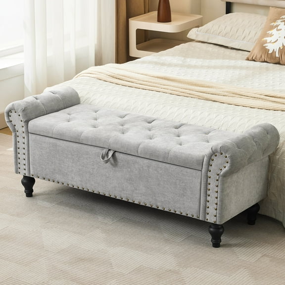 Weture 51-Inch Chenille Upholstered Bedroom Storage Bench with Nailhead Trim,Light Gray