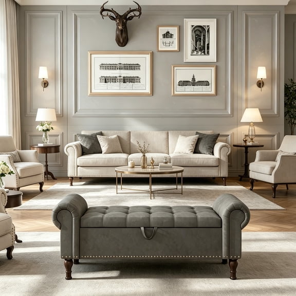 51 Bench with Storage, Upholstered Tufted Button Bedroom Bench with Storage, Faux Leather End of Bed Bench with Rolled Arms, Storage Ottoman Bench for Bedroom, Living Room, Entryway, Gray