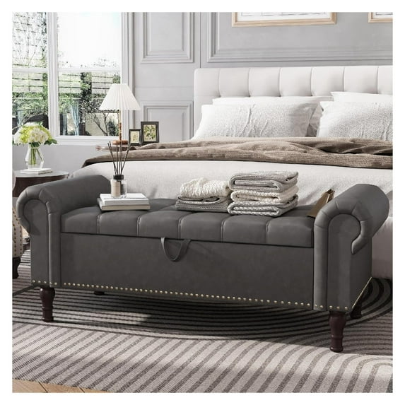 51”Bench with Storage, Upholstered Tufted Button Window Bench with Plenty Hidden Storage Space,Faux Leather Ottoman Bench for Bedroom, Living Room, Entryway,Gray