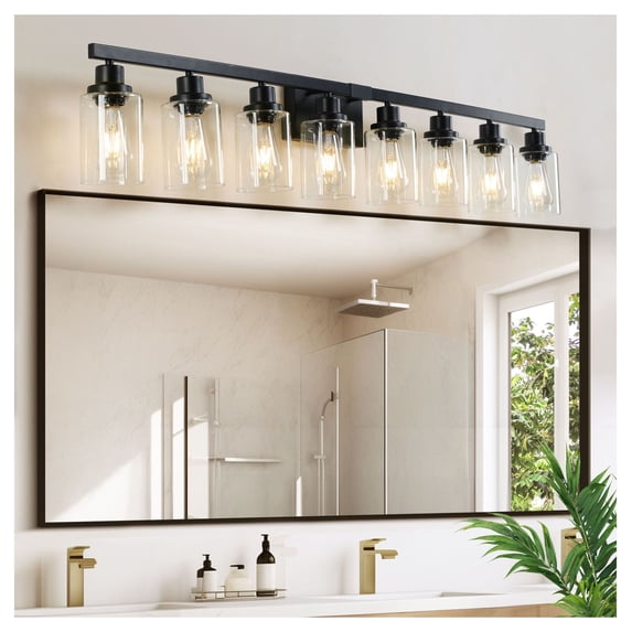 51" Black 8-Light Vanity Light, Modern Bathroom Wall Sconce - Clear Glass Shades, Iron Fixture for Mirror, Dressing Table - No Bulbs Included