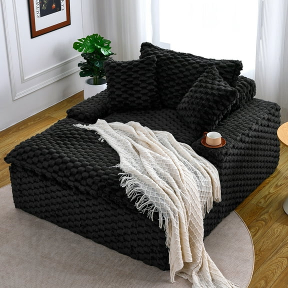 51'' Comfy Lazy Floor Sofa, Beanbag Sofa Bed with 2 Pillows and Backrest, Fluffy Soft Futon Couch, for Living Room, Bedroom, Dorm, Apartment, Black