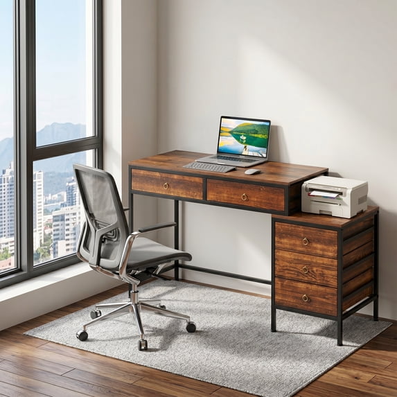 51" Computer Desk with 5 Drawers & Printer Stand, Writing Desk for Home Office, Rustic Brown