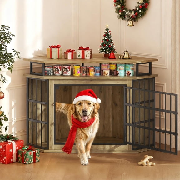 51" Corner Dog Crate Furniture Large Wooden Dog Kennel with 2-Tier Shelves, Decorative Wood Dog House for Small/Medium/Large Dog, Space-Saving Dog Cage with Storage for TV Stand