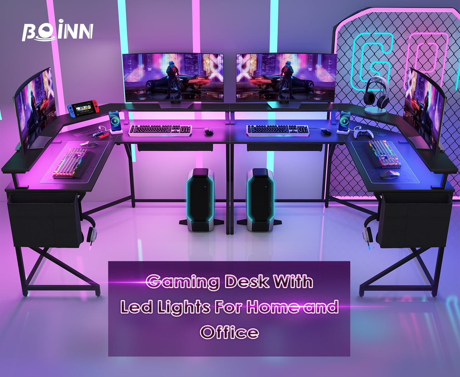 51" Corner Gaming Desk, L Shaped Office Desk with LED Lights, Computer Desk with Monitor Stand