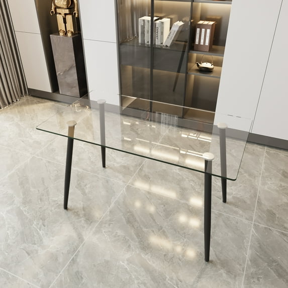 51" Dining Table Modern Minimalist Rectangular Glass for 4-6 with 0.31" Tempered Glass Tabletop and Black Metal Legs, Writing Table Desk, for Kitchen Dining Living Room (0 Damage)