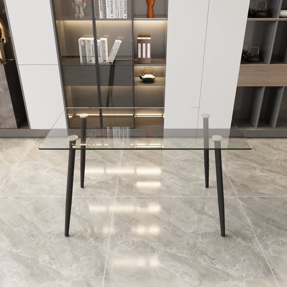 51" Dining Table Modern Minimalist Rectangular Glass for 4-6 with 0.31" Tempered Glass Tabletop and Black Metal Legs, Writing Table Desk, for Kitchen Dining Living Room (0 damage)