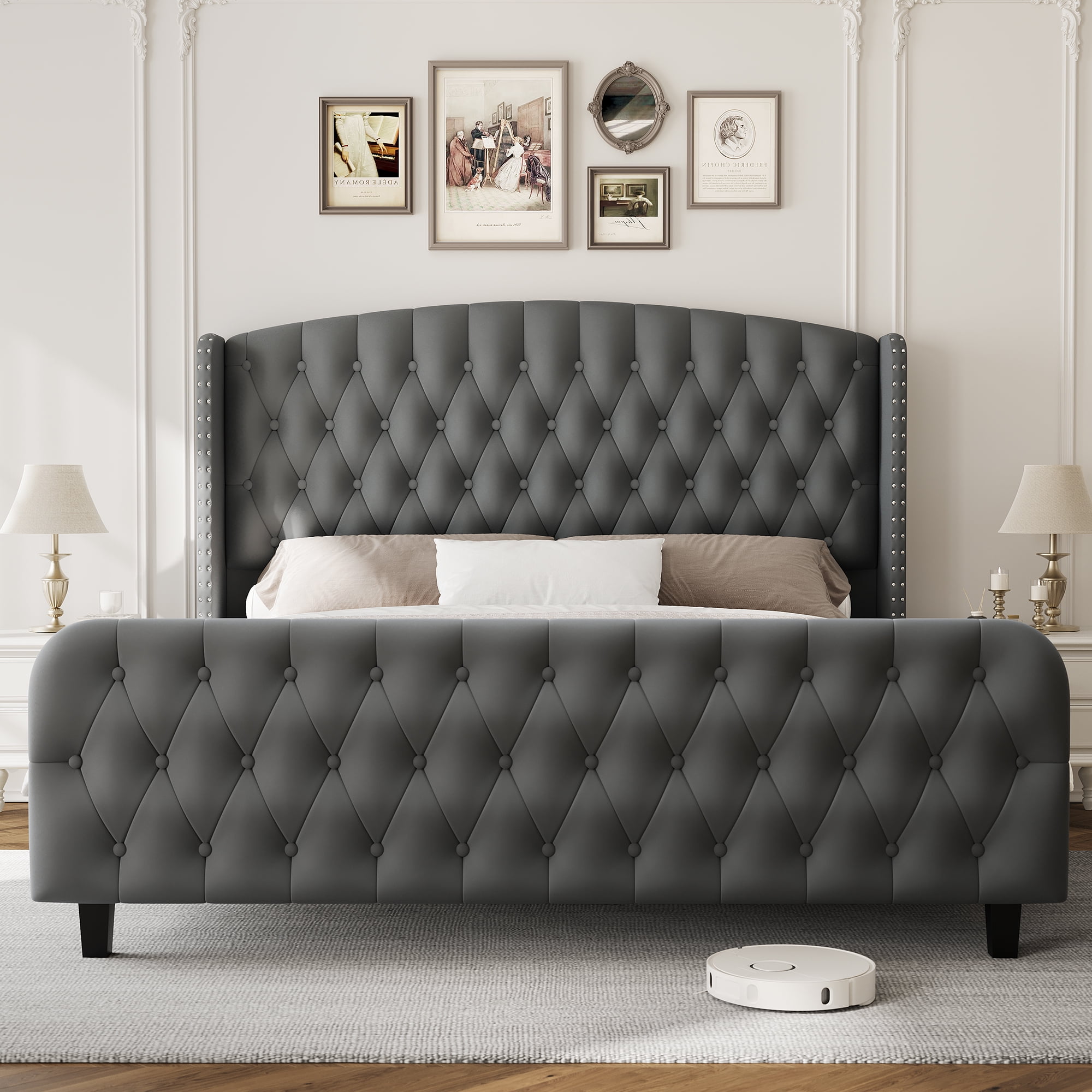 51'' Extra Tall Deep Button Tufted Wingback Headboard Queen Bed Frame – Suede Upholstered Platform, Sturdy Wood Slats, Noise-Free, No Box Season Needed, Easy Assembly – Modern Bedroom Furniture