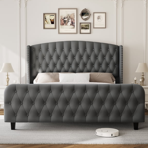 51'' Extra Tall Deep Button Tufted Wingback Headboard Queen Bed Frame – Suede Upholstered Platform, Sturdy Wood Slats, Noise-Free, No Box Season Needed, Easy Assembly – Modern Bedroom Furniture