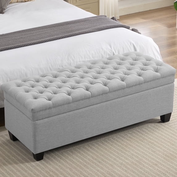 51" Fabric Storage Ottoman Bench, Tufted Upholstered Rectangle Storage Bench with Hinge for End of Bed Bedroom Living Room Hallway (Light Gray)