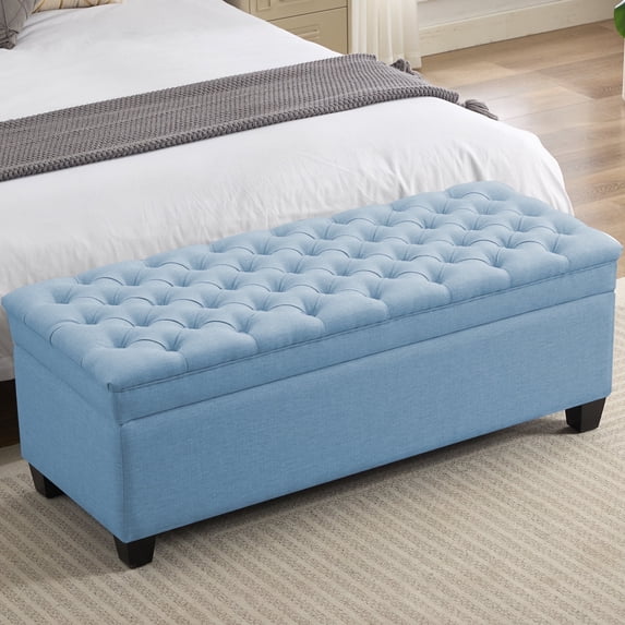 51" Fabric Storage Ottoman Bench, Tufted Upholstered Rectangle Storage Bench with Hinge for Bedroom End of Bed Living Room Hallway (Blue)