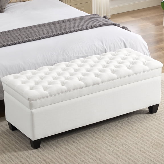 51" Fabric Storage Ottoman Bench, Tufted Upholstered Rectangle Storage Bench with Hinge for End of Bed Bedroom Living Room Hallway (Beige)