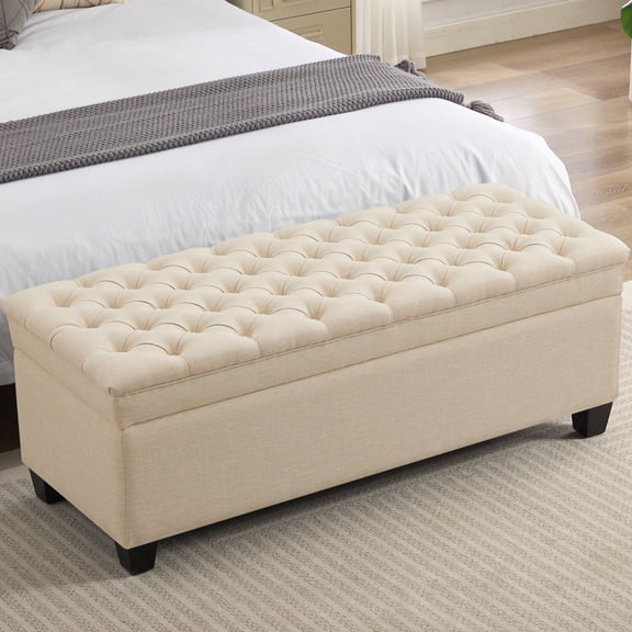 51" Fabric Storage Ottoman Bench, Tufted Upholstered Rectangle Storage Bench with Hinge for End of Bed Bedroom Living Room Hallway (Khaki)