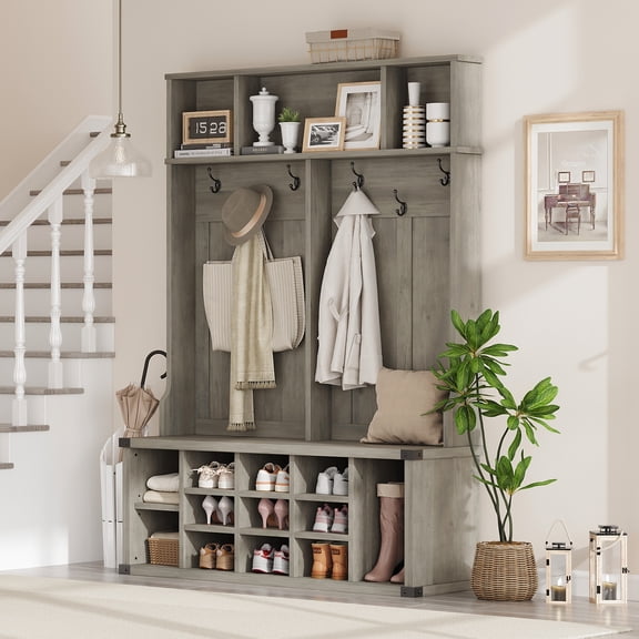 51" Farmhouse Hall Tree with Bench, 12-Cubby Shoe Storage & Coat Rack – Adjustable Shelves, Entryway Organizer – Light Ivory Gray
