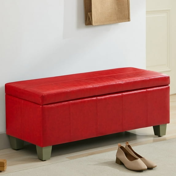 51" Faux Leather Storage Ottoman Bench with Wooden Legs, Tufted Upholstered Seat, Sturdy & Spacious for Bedroom, Entryway, Living Room, Red