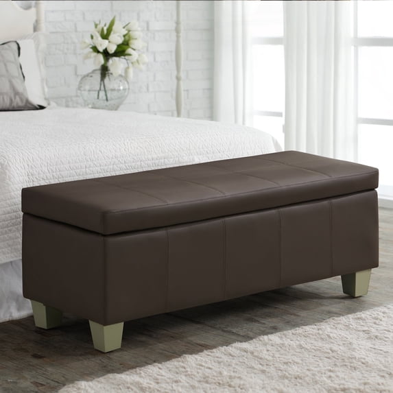 51" Faux Leather Storage Ottoman Bench with Wooden Legs, Tufted Upholstered Seat, Sturdy & Spacious for Bedroom, Entryway, Living Room, Brown