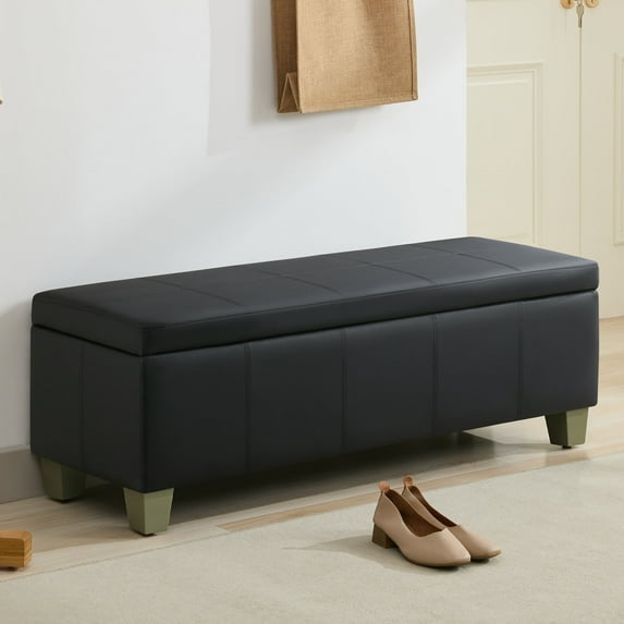 51" Faux Leather Storage Ottoman Bench with Wooden Legs, Tufted Upholstered Seat, Sturdy & Spacious for Bedroom, Entryway, Living Room, Dark Black