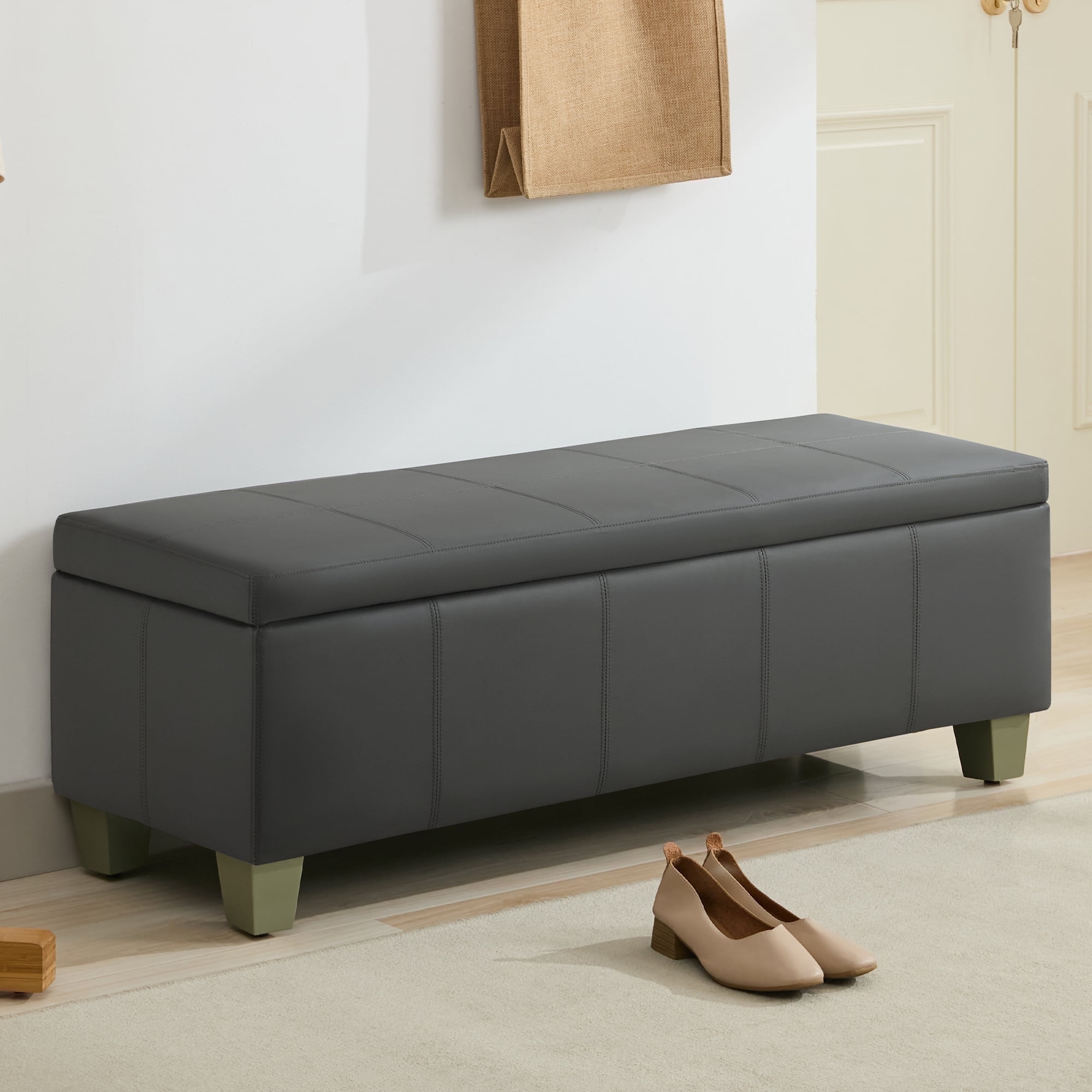 51" Faux Leather Storage Ottoman Bench with Wooden Legs, Tufted Upholstered Seat, Sturdy & Spacious for Bedroom, Entryway, Living Room, Dark Gray