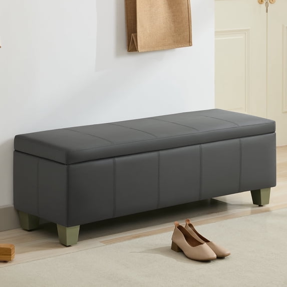 51" Faux Leather Storage Ottoman Bench with Wooden Legs, Tufted Upholstered Seat, Sturdy & Spacious for Bedroom, Entryway, Living Room, Dark Gray