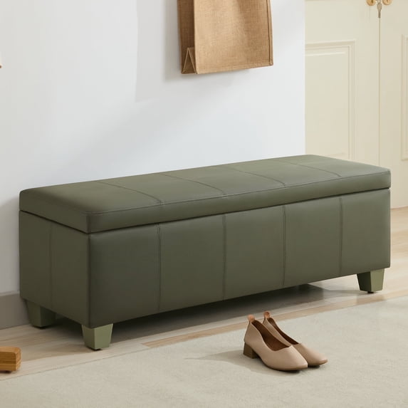 51" Faux Leather Storage Ottoman Bench with Wooden Legs, Tufted Upholstered Seat, Sturdy & Spacious for Bedroom, Entryway, Living Room, Green