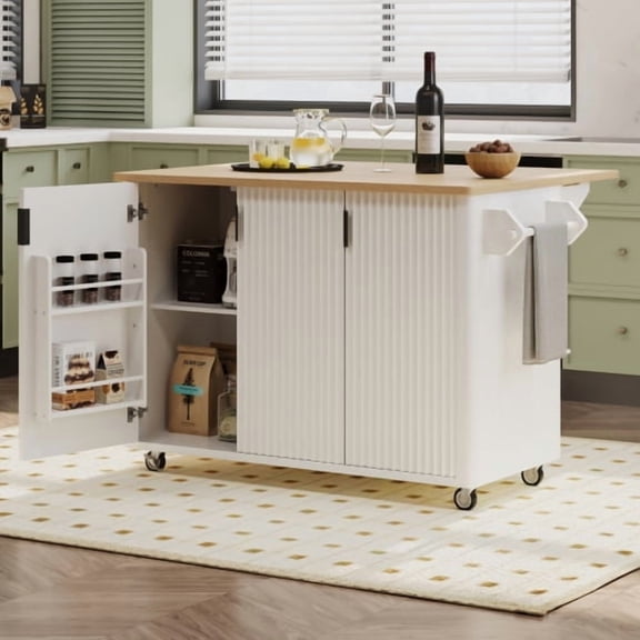 51" Fluted Kitchen Island with Drop Leaf, Farmhouse Rolling Kitchen Cart on Wheels with Internal Storage Rack for Kitchen Dining Room, White