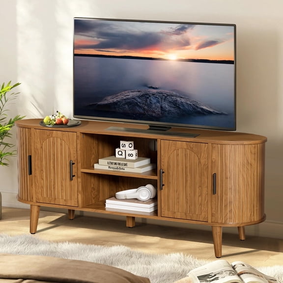 51" Fluted TV Stand, Mid-Century Entertainment Center for 60" TVs with Drawers & Sliding Doors, Curved Media Console