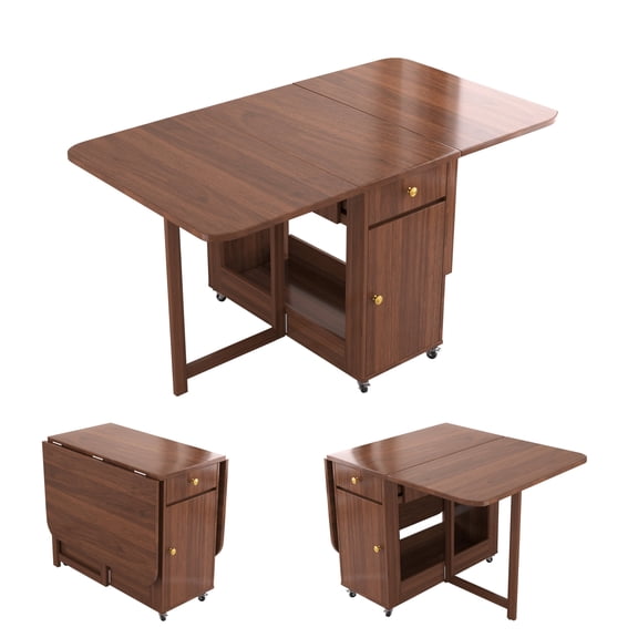 51" Fully Assembled Folding Dining Table 4-6 Seater with Storage and Lockable Wheels, Space-Saving for Kitchen or Dining Room (Walnut)