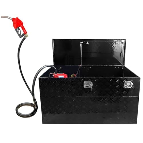 51 Gallons Fuel Transfer Tank Tool Box Combo Aluminum Gasoline Diesel Transfer Tank & Toolbox with 12 GPM Fuel Transfer Pump, Auxiliary Tank, Black Diamond Plate