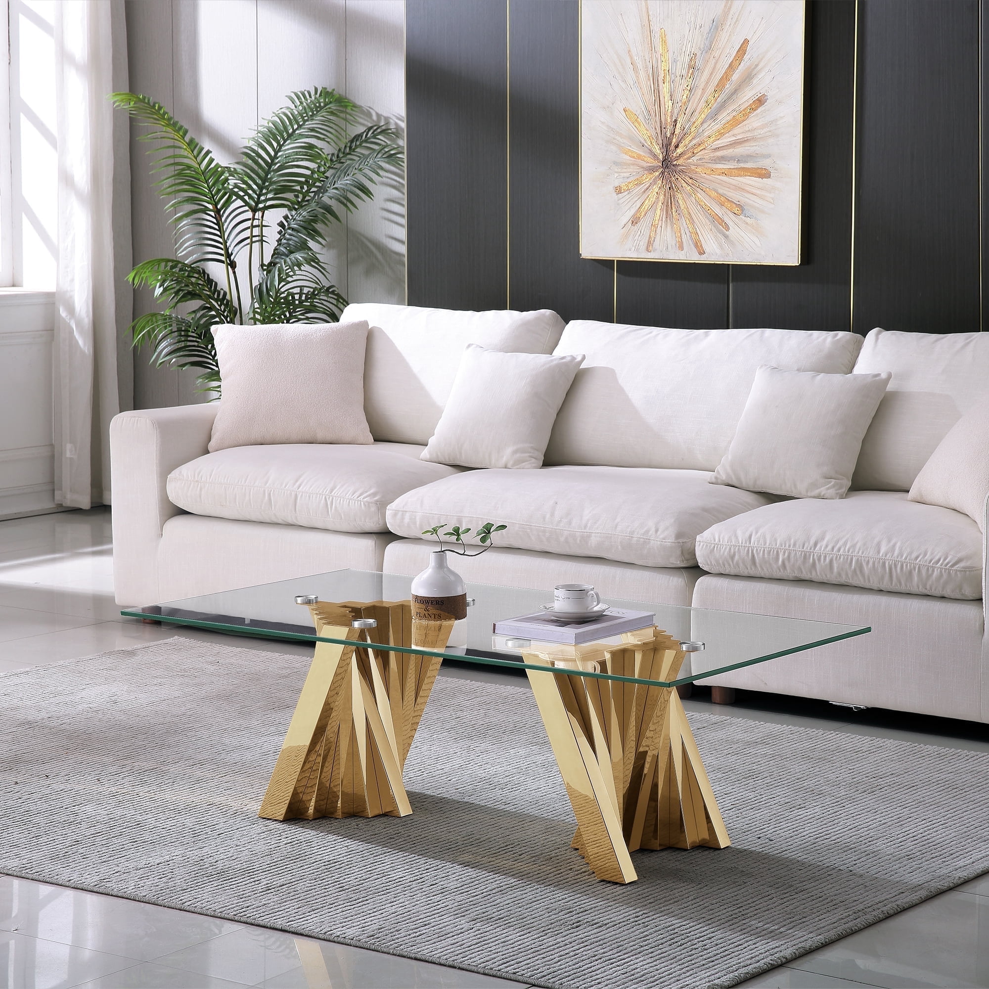 51" Glass Coffee Table with Rectangular Tempered Glass Top & Flash-Shaped Irregular Stainless Steel Base, Central Table, Cocktail Table, Tea Table for Living Room, Office.
