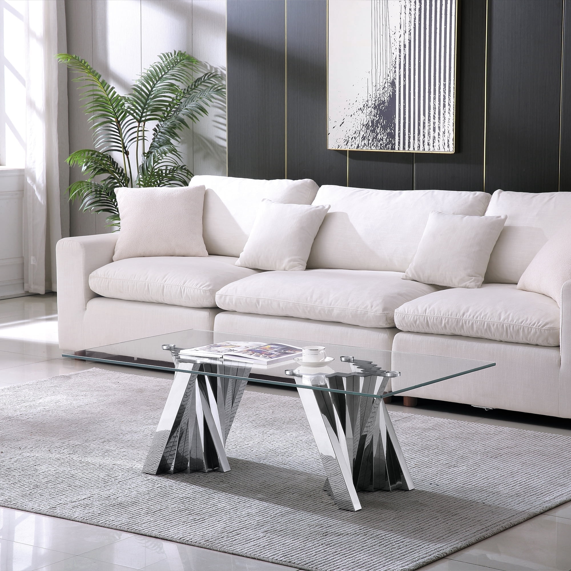 51" Glass Coffee Table with Rectangular Tempered Glass Top & Flash-Shaped Irregular Stainless Steel Base, Central Table, Cocktail Table, Tea Table for Living Room, Office.
