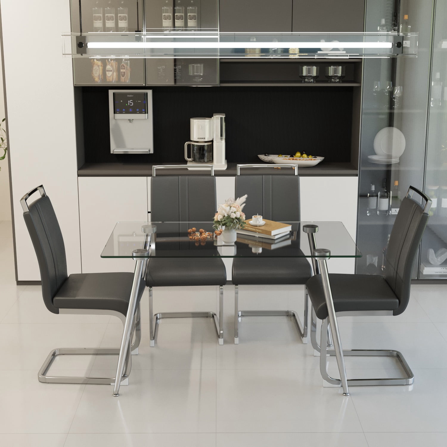 51" Glass Dining Table Set for 4, Silver Plating Legs with PU Armless Chairs, Modern Rectangle Tempered Glass Top​