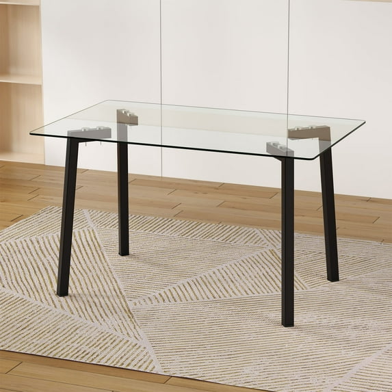 51" Glass Dining Table for 4, Sudica Clear Tempered Glass Modern Rectangular Kitchen Table with Metal Legs