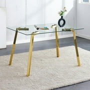 SUDICA 51" Glass Dining Table, Clear Tempered Glass Top with Gold Metal Legs, Modern Rectangular Table for Kitchen and Dining Room