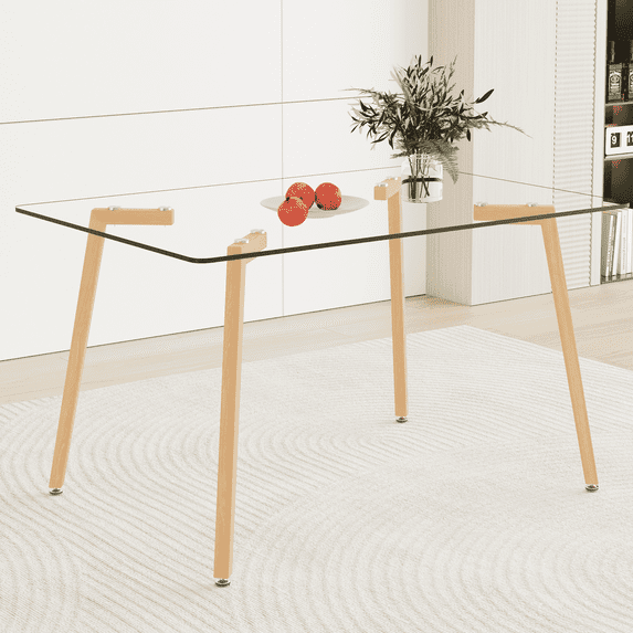 51" Glass Dining Table for 4, Sudica Clear Tempered Glass Modern Rectangular Kitchen Table with Metal Legs