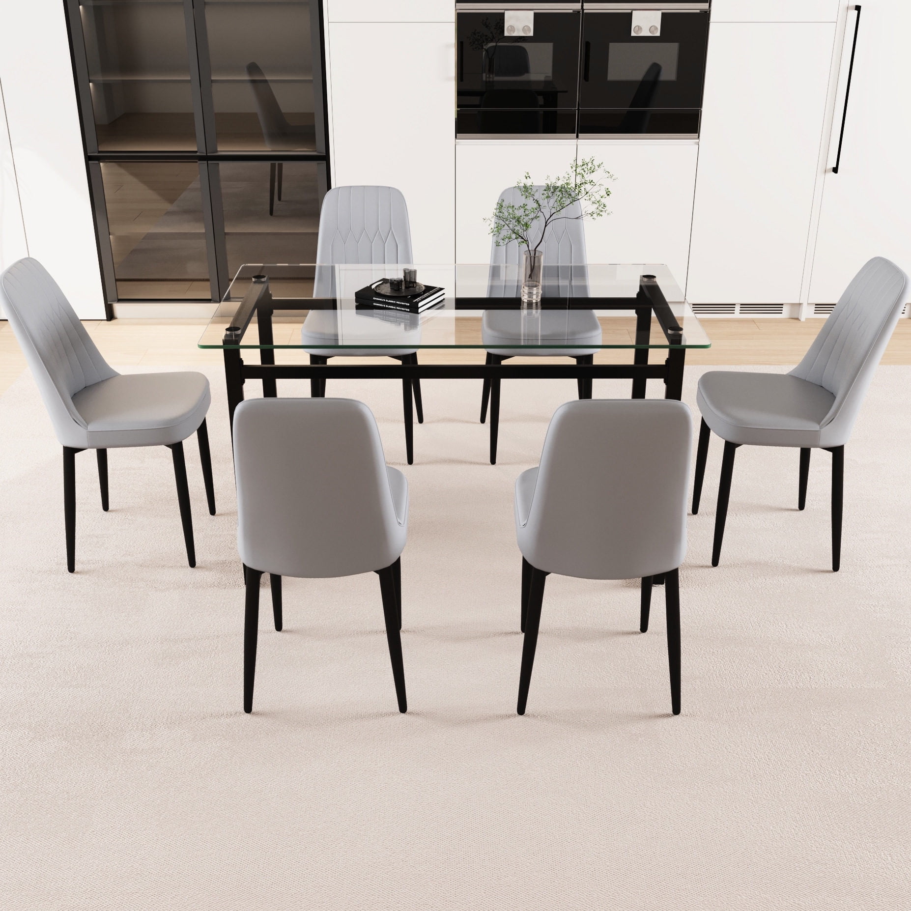 51" Glass Kitchen Table Set for 6, Black Metal Leg Design - Walmart.com