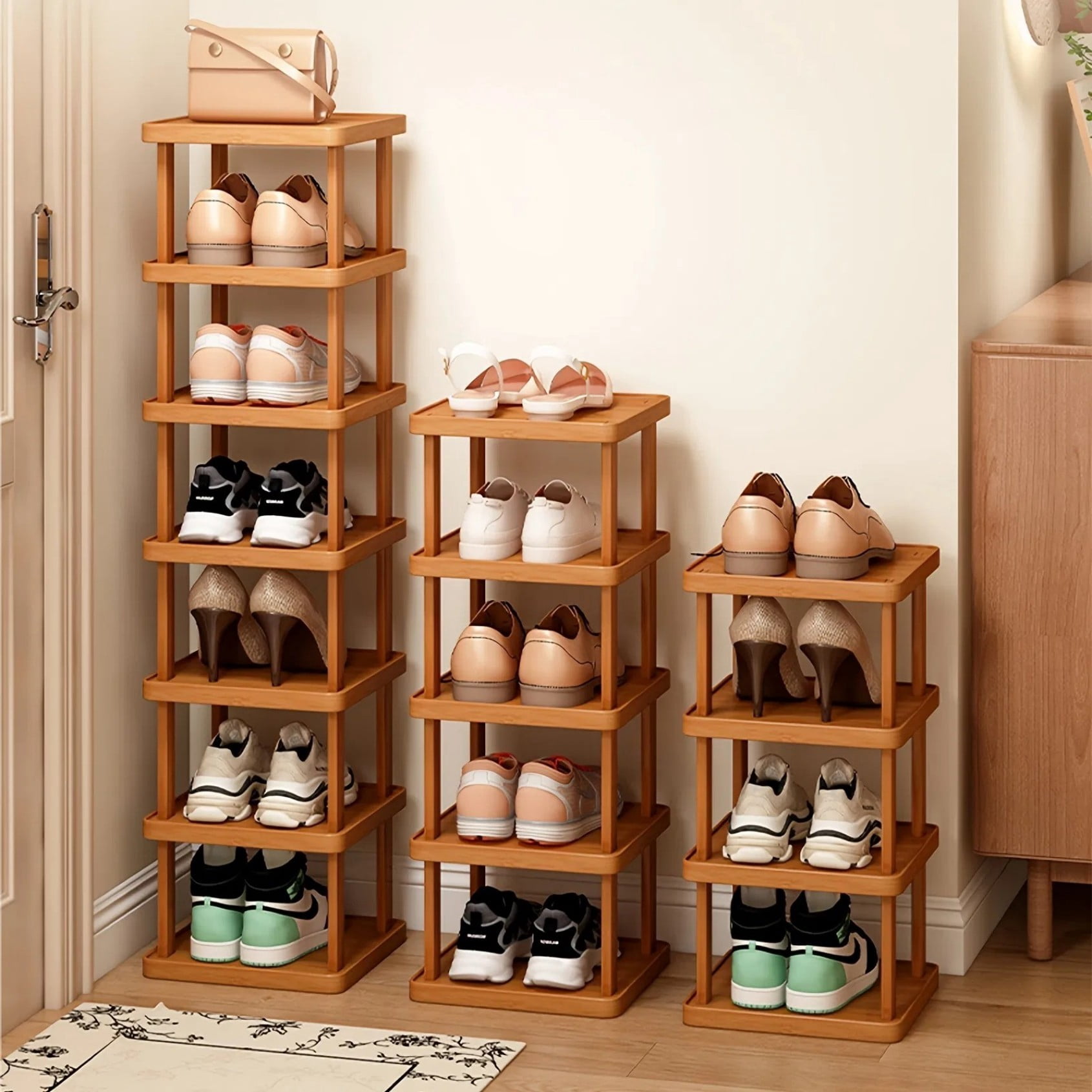 51"H Large Vertical Shoe Rack Organizer, Space Saving Corner Shoe Shelf Tower for Closet Entryway Garage, Brown