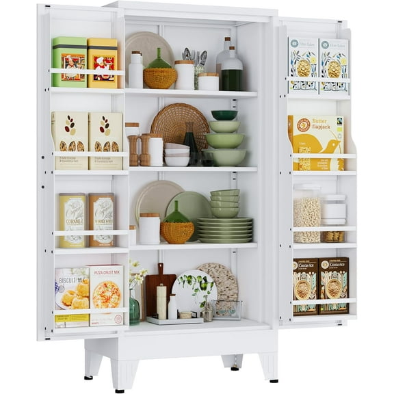 51" H Metal Kitchen Pantry Storage Cabinet, Freestanding Cupboard Storage Cabinet with Doors and Adjustable Shelves, Large Stand Up Food Cupboard for Living Room, Dinning Room, White