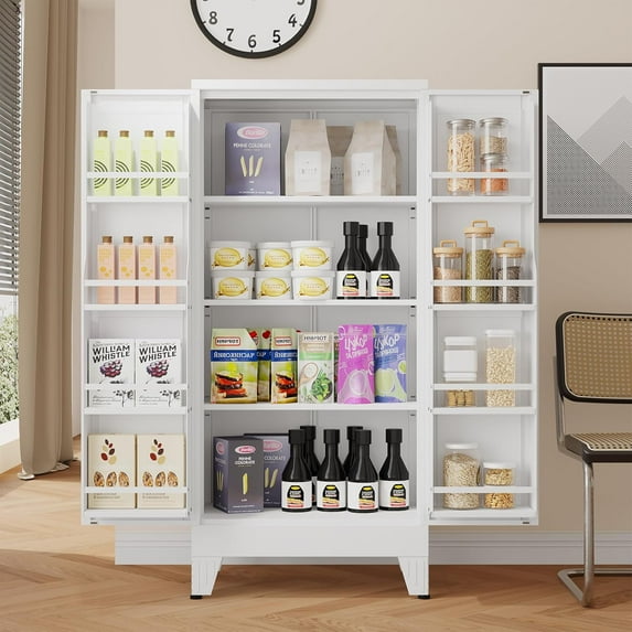 51" H Metal Kitchen Pantry Storage Cabinet,Storage Cabinets with Doors and Adjustable Shelves,Freestanding Food Pantry Cabinet Cupboard for Living Room,Dinning Room(White)