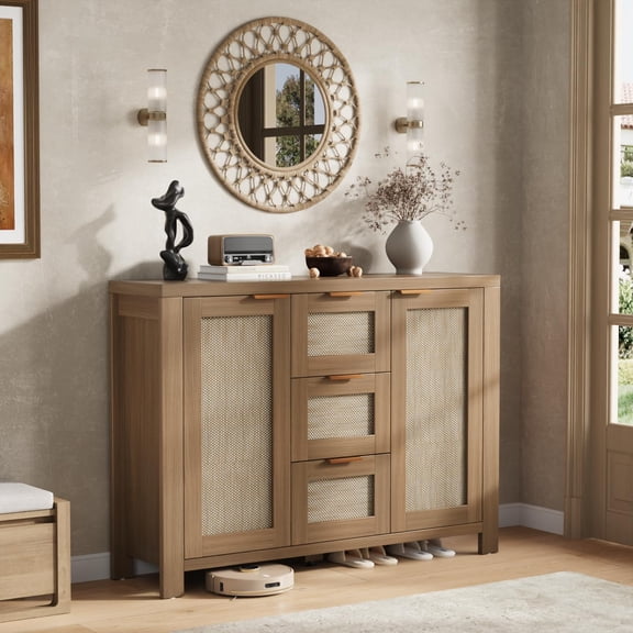 51 Inch Boho Rattan Sideboard Buffet Cabinet, Farmhouse Storage Credenza with 3 Drawers, 2 Doors and Adjustable Shelves for Dining Room