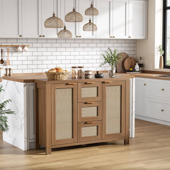 51 Inch Boho Rattan Sideboard Buffet Cabinet, Farmhouse Storage Credenza with 3 Drawers, 2 Doors and Adjustable Shelves for Dining Room