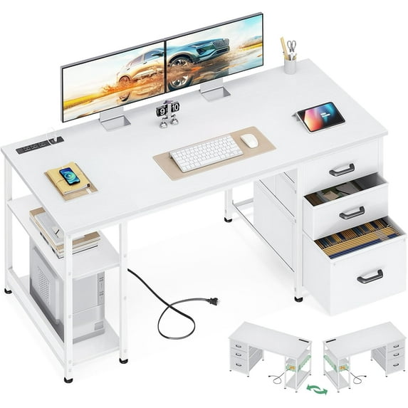 51 Inch Computer Desk with File Drawers - Reversible Home Office Desk with Storage Shelves, Work from Home, Modern Work/Writing/Study Table for Bedroom, White