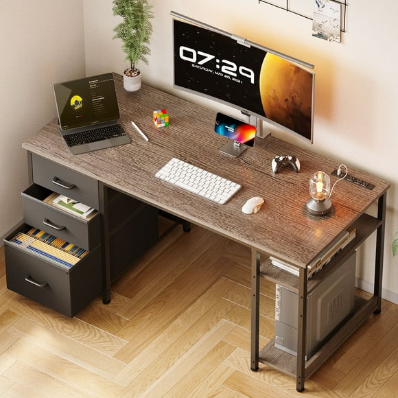 51 Inch Computer Desk with File Drawers & USB Power Outlets- Reversible Home Office Desk with Storage Shelves, Work from Home, Writing Table for Bedroom, Gray Oak
