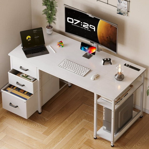 51 Inch Computer Desk with File Drawers & USB Power Outlets- Reversible Home Office Desk with Storage Shelves, Work from Home, Writing Table for Bedroom, White