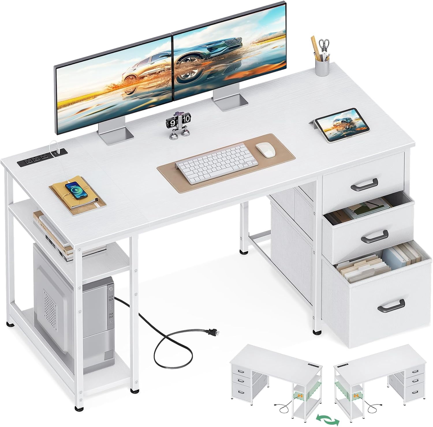 51 Inch Computer Desk with Drawers USB Power Outlets and Storage ...