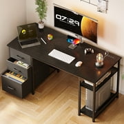 51 Inch Computer Desk with File Drawers & USB Power Outlets- Reversible Home Office Desk with Storage Shelves, Work from Home, Writing Table for Bedroom, Black