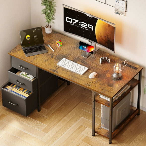 51 Inch Computer Desk with File Drawers & USB Power Outlets- Reversible Home Office Desk with Storage Shelves, Work from Home, Writing Table for Bedroom, Vintage