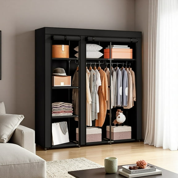51-Inch Extra Large Portable Closet Cabinet with Hanging Rods & Shelves, Heavy-Duty Metal Frame & Non-Woven Dustproof Cover for Home, Office & Dorm, Easy Assembly Wardrobe Storage Organizer